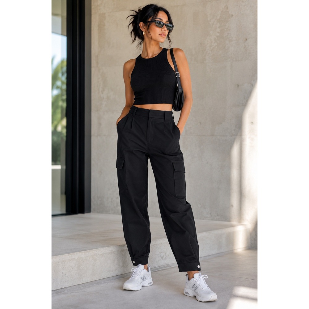Zara Black Cargo Pants Womens Medium‎ High Rise Utility Snap Ankle Tapered Pant